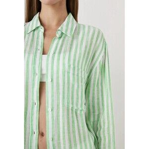 Rails Womens Oversized Linen Button Down Shirt Green Stripe Sz XS Beachy Coastal